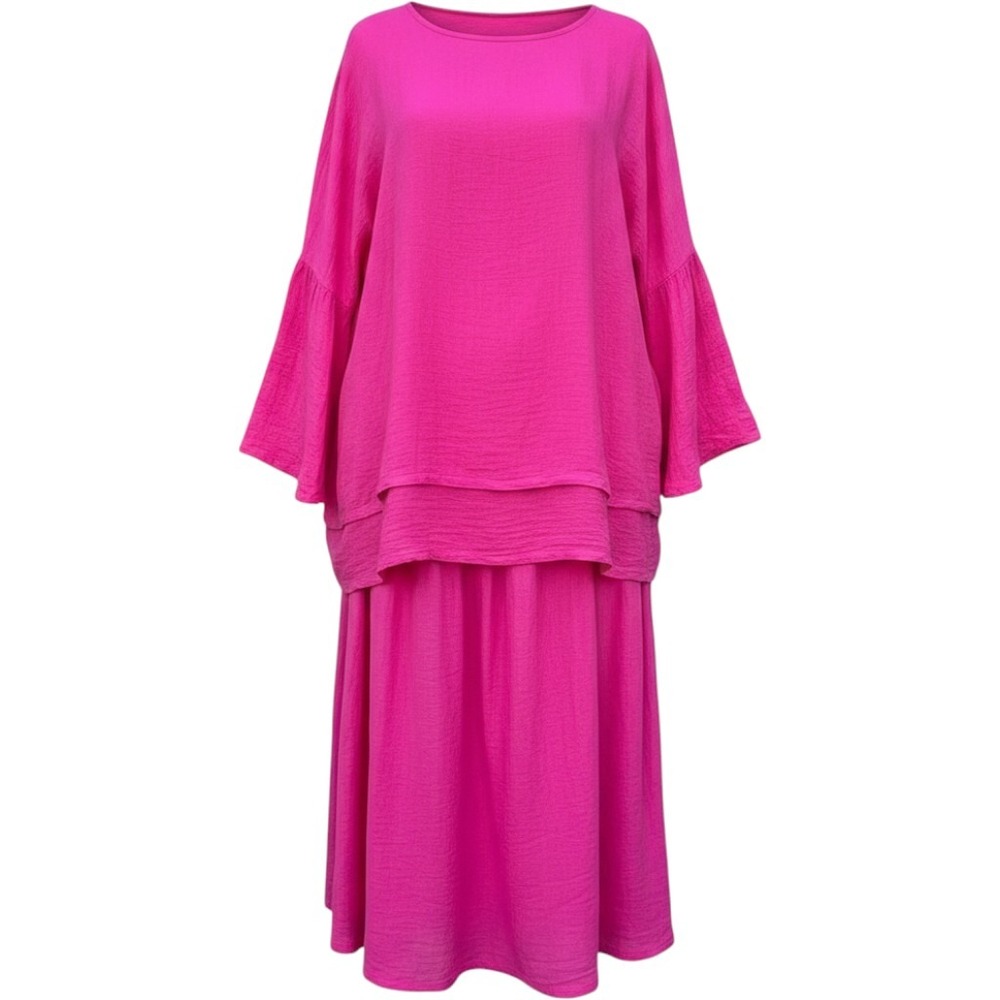 Pegasus Wms 2 Piece Set Women OS Pink Gaucho Culottes Bell Sleeve Lagenlook Boho